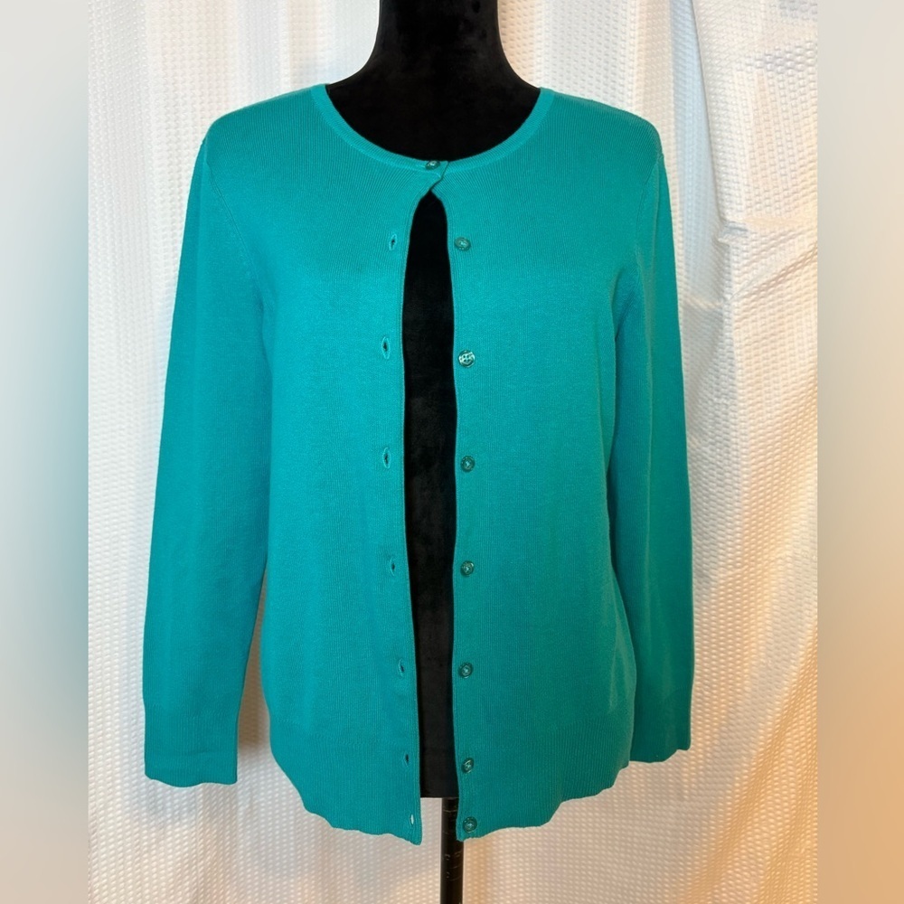 Croft & Barrow cotton blend teal green button front cardigan sweater Petite M - Picture 6 of 6